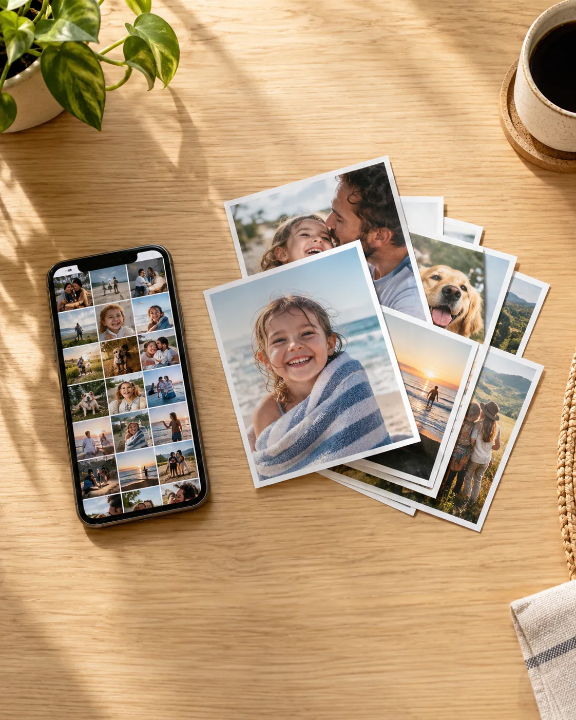 Fotografías impresas de momentos en familia, un viaje y una mascota junto a un celular